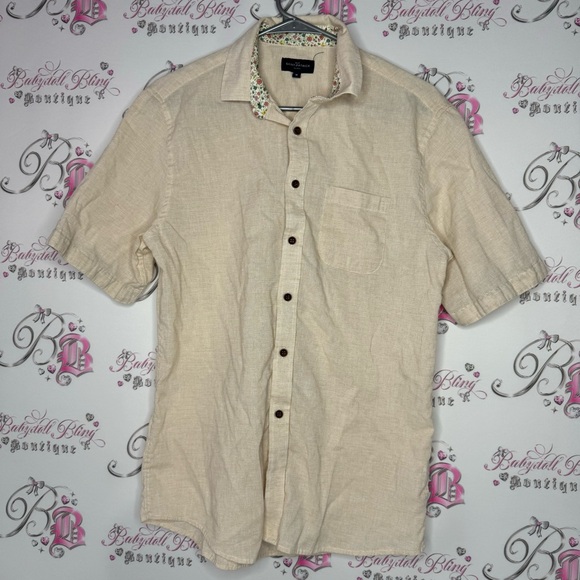 Rue saint Patrick Montreal button down tshirt top cream linen lightweight floral - Picture 7 of 9